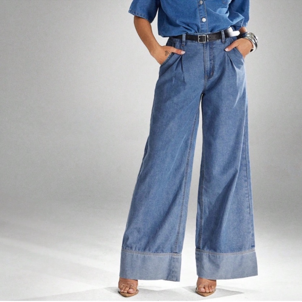Medium Wash Pleated Color Block Pockets Wide Leg Denim Jeans 25 26 27 28 29 30